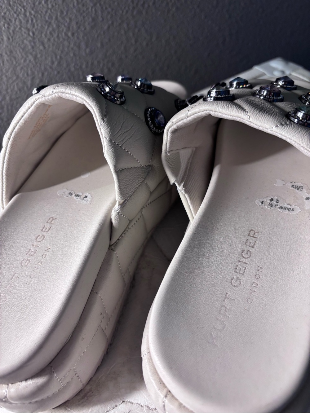 Kurt Geiger White Quilted Slide Mules with Jeweled Accents